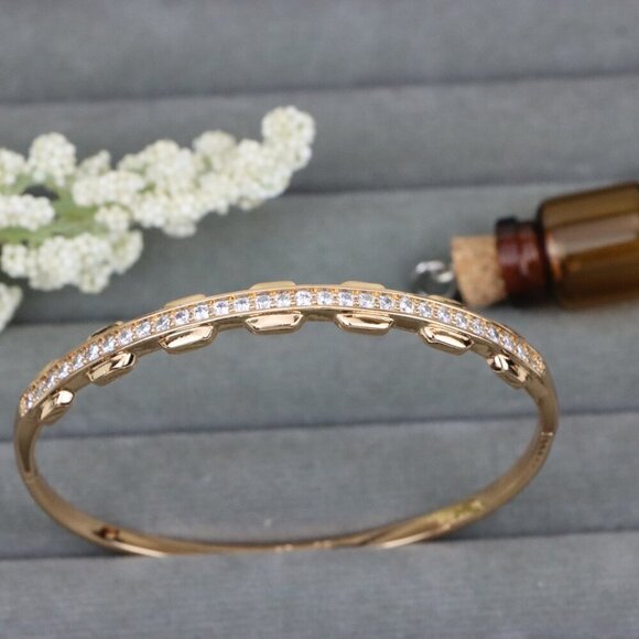Rose Gold Bangle with Unique Textured Detailing and CZ Accents, XPBL0436 - Picture 1 of 12